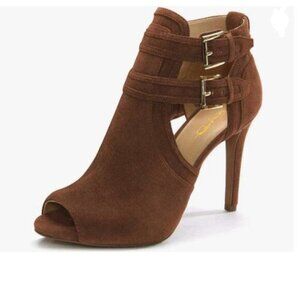 XYD Brown Suede Peep Toe Ankle Boot High Heels Buckled Double Straps Cutout Shoe